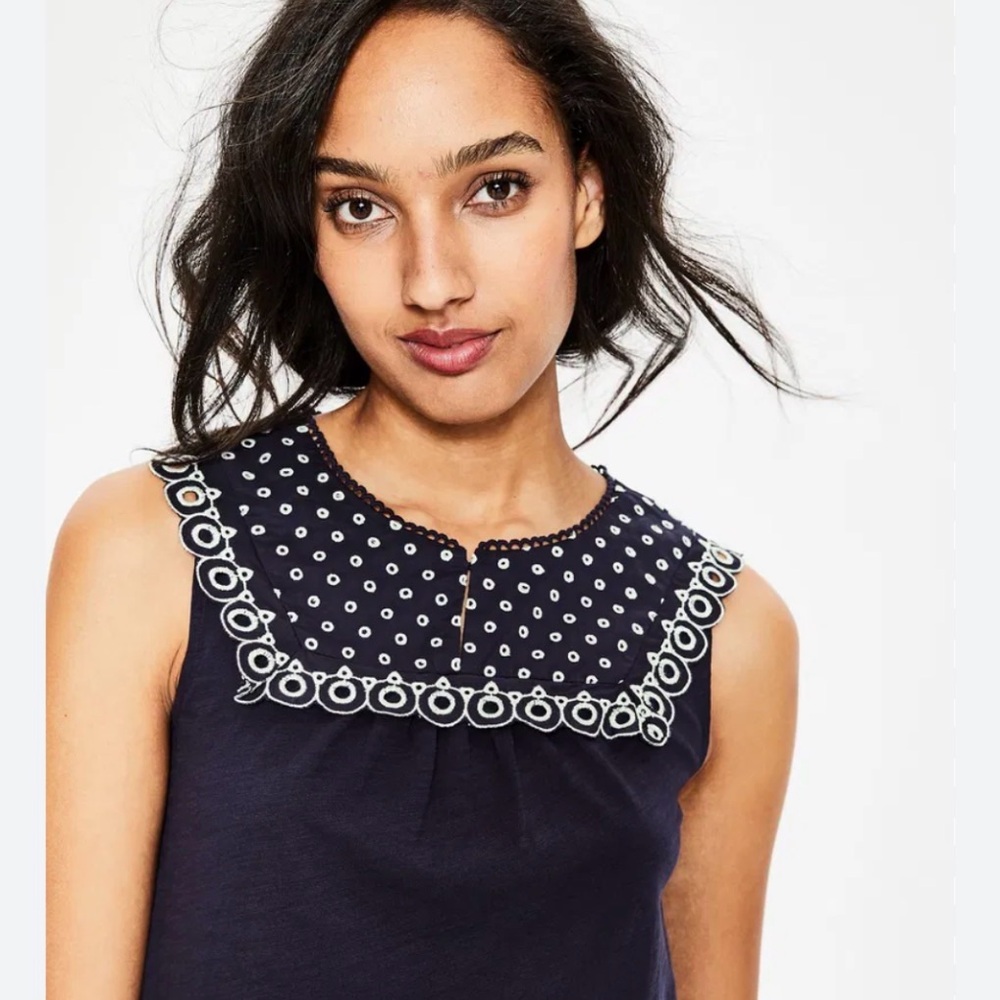 Boden Nella Jersey Top Navy Blue Sleeveless Top with White Eyelet Embroidery